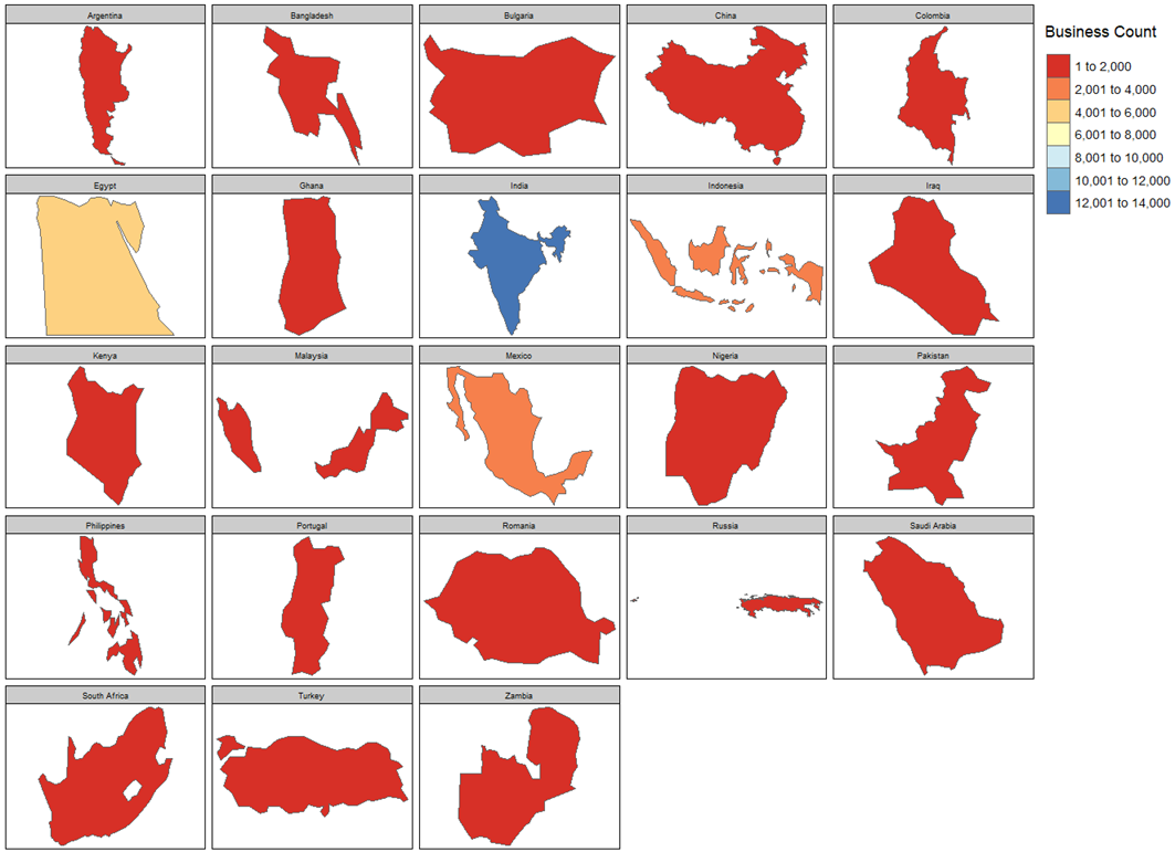 Small multiple country maps showing business count distribution across 23 economies.