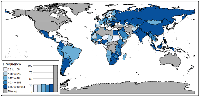World choropleth map showing data coverage across 148 countries.